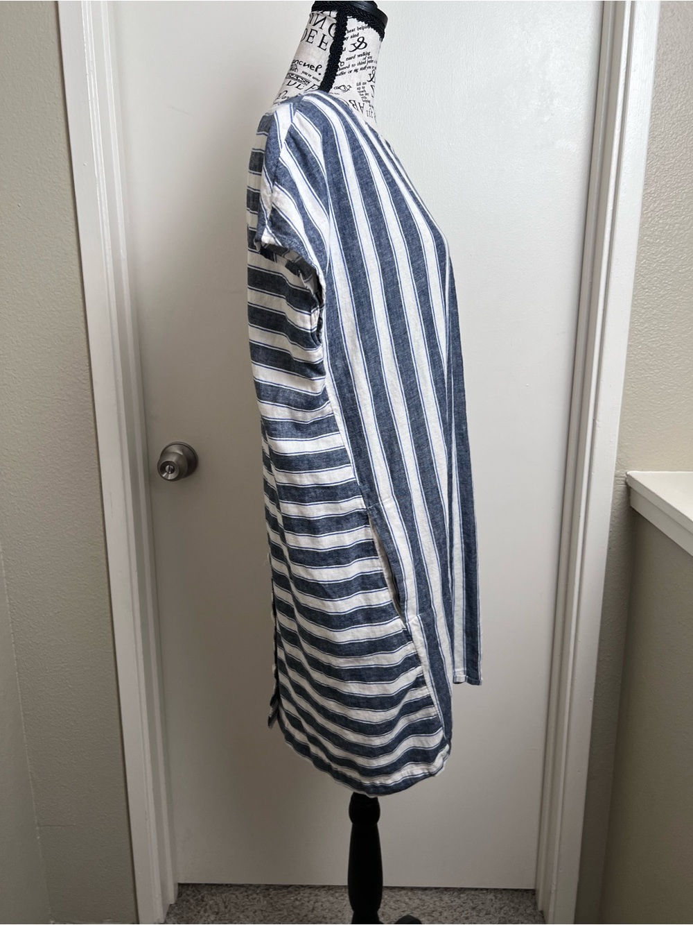 Madewell Linen Blend Striped Shift Dress Pockets Blue White Medium - Picture 4 of 8
